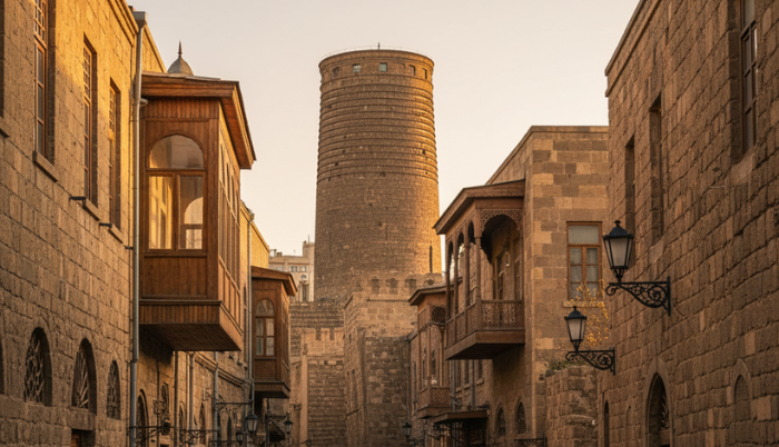 A cobblestone street in Baku's Old City (Icherisheher) at sunset, with traditional stone buildings and balconies lining the street, and the ancient Maiden Tower visible in the distance.