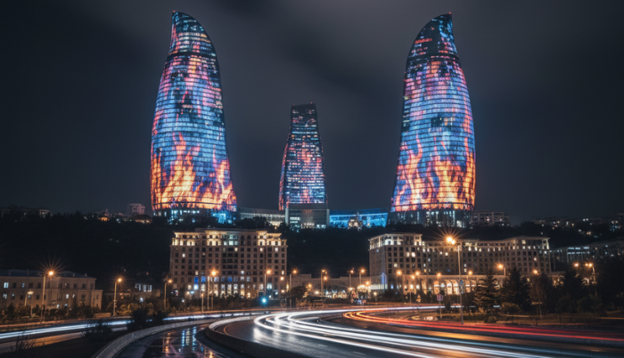A dramatic night shot of the three Flame Towers in Baku, illuminated with vibrant fire-like patterns, towering over the city with light trails from cars on a highway in the foreground.