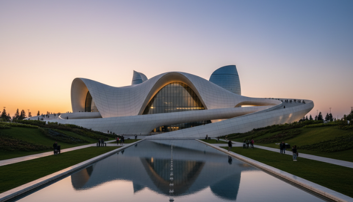 The unique, flowing architecture of the Heydar Aliyev Center in Baku, with its distinctive wave-like white structure reflected in a still pool of water in the foreground, under a clear sky at twilight.