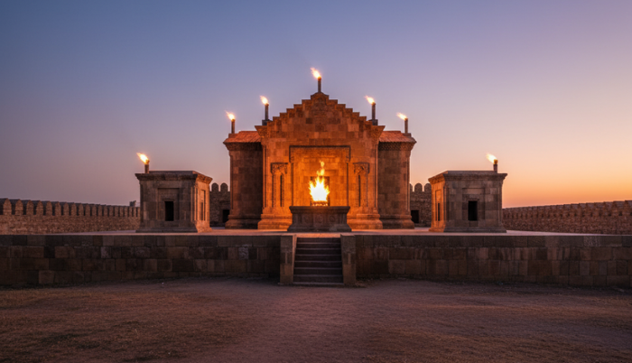 The ancient Ateshgah Fire Temple in Azerbaijan at dusk, with natural gas fires burning from its roof and central altar, set against a twilight sky within its stone walled complex.