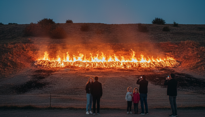 People observing and photographing the natural gas flames emanating from the hillside of Yanar Dag (Burning Mountain) in Azerbaijan at dusk, with the fire creating a warm glow in the landscape.