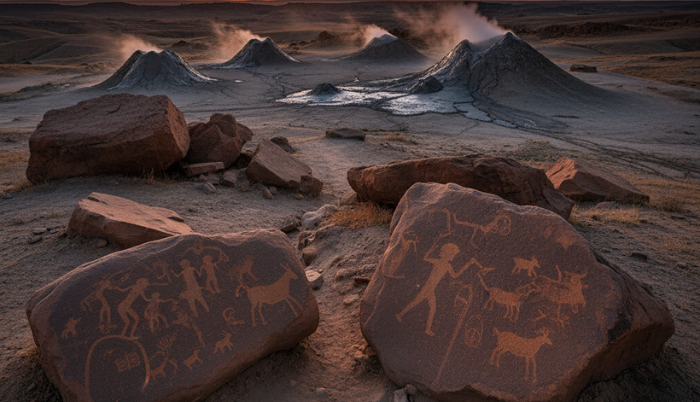 An expansive view of the Gobustan landscape at sunset, featuring ancient rock carvings in the foreground, with bubbling mud volcanoes emitting steam in the middle distance under a colorful sky.