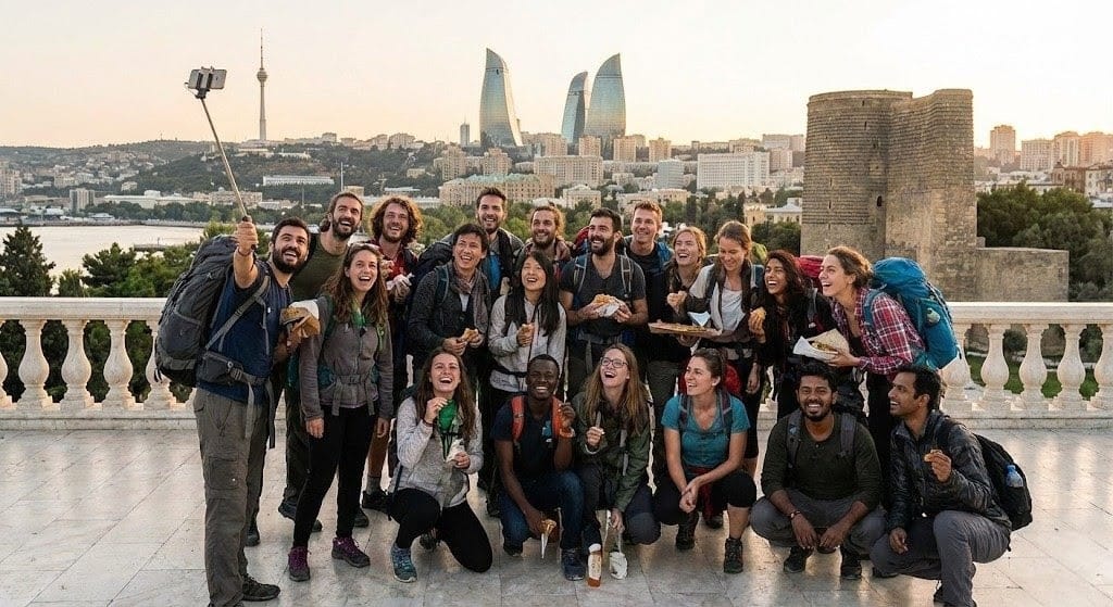 Large group of happy backpackers taking a selfie in front of the Flame Towers and Baku skyline, representing fun Azerbaijan Group Tour Packages